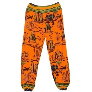 African Village Print Harem Pants Orange Boho Tribal Joggers Women Small
